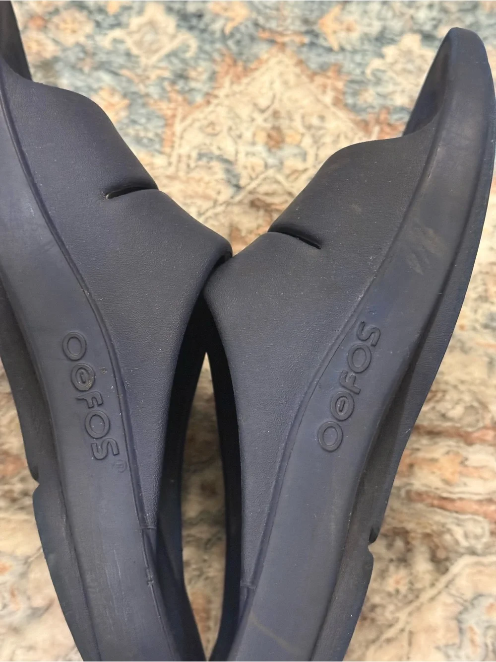 OOFOS Navy Blue Slide Sandals with White Logo